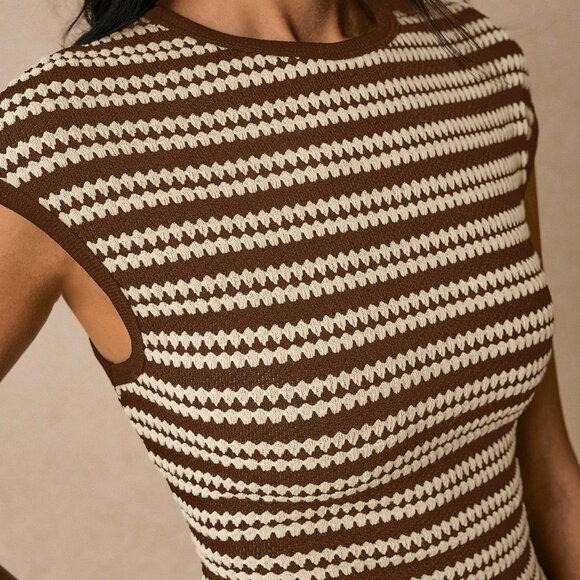 Brown Casual Women's Striped Round Neck Dolman Sleeve Dress - Picture 5 of 8